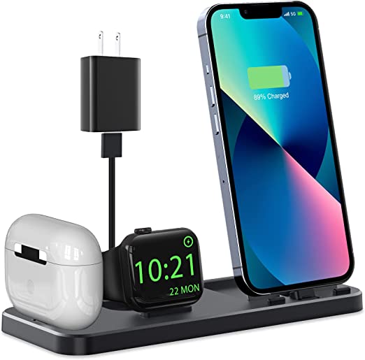 Photo 1 of 3 in 1 Charging Station for Multiple Devices Apple Portable Charging Stand for Apple Watch iPhone and AirPods Build-in Charger Charging Dock Holder for iPhone with Adapter and Cable (Black)
