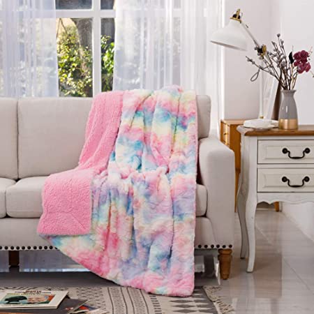 Photo 1 of COCOPLAY W Faux Fur Throw Blanket, Super Soft Fuzzy Lightweight Luxurious Cozy Warm Fluffy Plush Sherpa Rose Pink Rainbow Microfiber Blanket for Bed Couch Living Room (Pink Rose, Throw(50"x65"))
