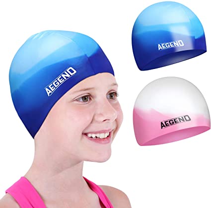 Photo 1 of Aegend 2 Pack Swim Cap for (Age 2-12), Durable Silicone Swimming Cap for Kids Youths, Comfortable Fit for Long Hair and Short Hair, 6 Colors
