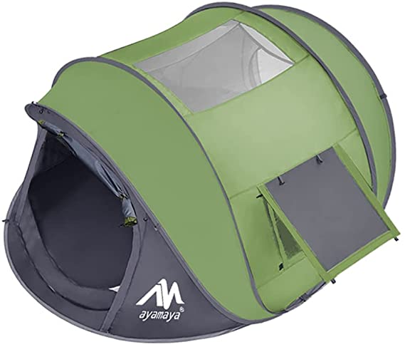 Photo 1 of AYAMAYA Pop Up Tent 4 Person Tents for Camping with Skylight, Waterproof Family Tent with Removable Rainfly Automatic Setup in Second, 2 Doors & Side Windows 3-4 People Instant Easy Popup Beach Tent
