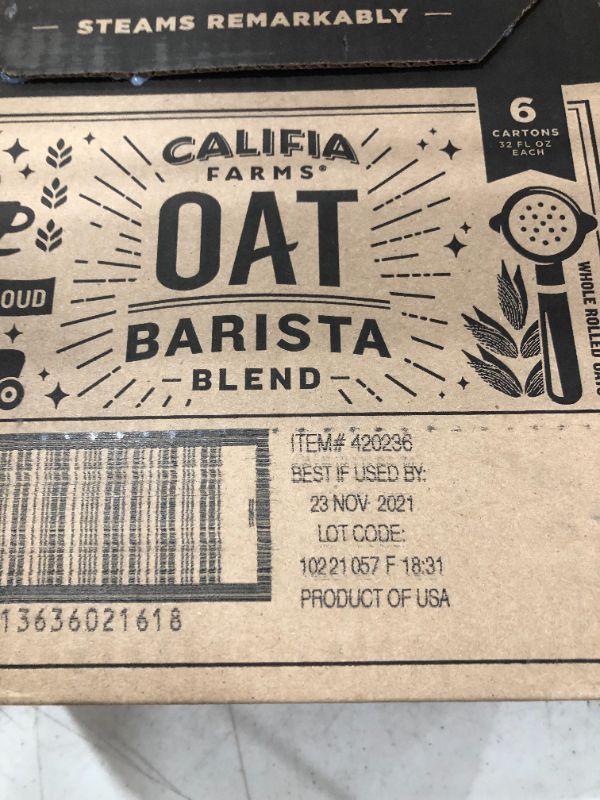 Photo 2 of Califia Farms - Oat Milk, Unsweetened Barista Blend, 32 Fl Oz (Pack of 6) | Shelf Stable | Non Dairy Milk | Creamer | Vegan | Plant Based | Gluten-Free | Non-GMO  **EXPIRED! BB Date 11/21**