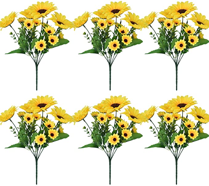 Photo 1 of 6 Pack Artificial Sunflowers with Stems for Indoor Outdoor 12 inch Fake Silk Sunflower with 13 Sunflower Heads and 27 Green Leaves Decor Home