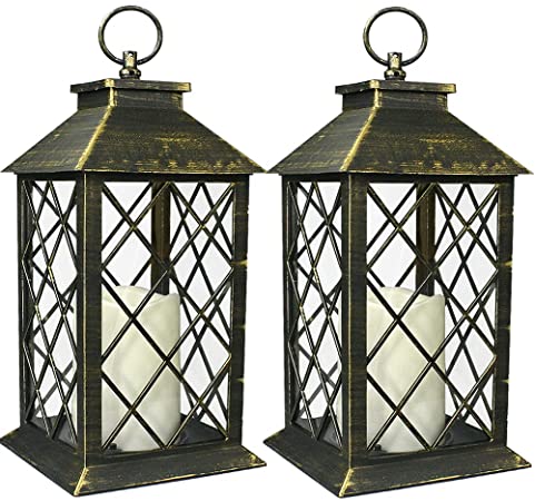 Photo 1 of Bright Zeal 2-Pack 14" Vintage Candle Lantern with LED Flickering Candle (Distressed Gold, 6hr Timer) - Outdoor Hanging Candle Lanterns Battery Powered - Tabletop Lantern Decorative - Home Lanterns
