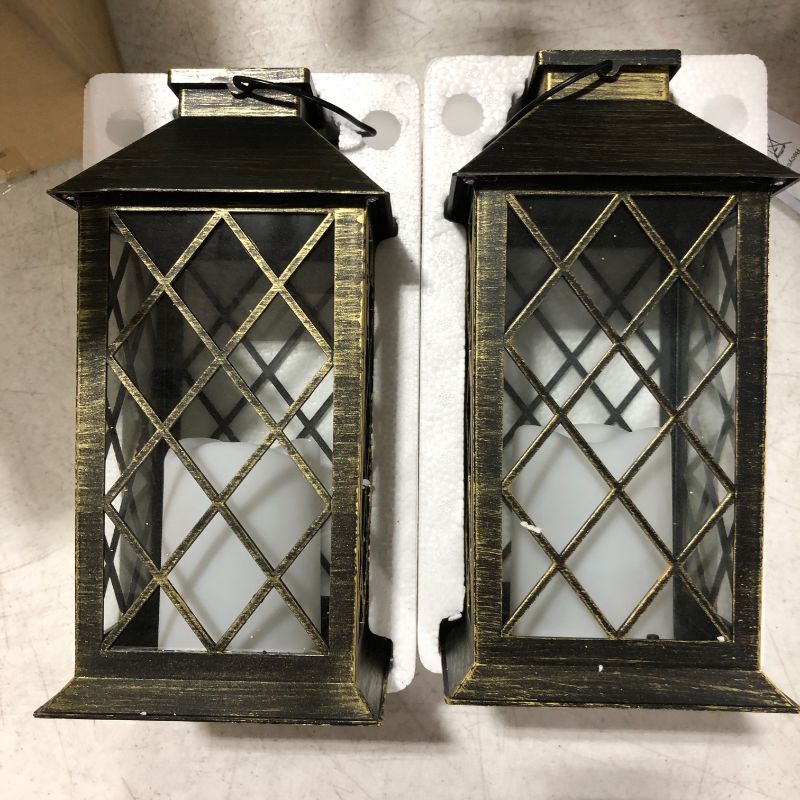 Photo 4 of Bright Zeal 2-Pack 14" Vintage Candle Lantern with LED Flickering Candle (Distressed Gold, 6hr Timer) - Outdoor Hanging Candle Lanterns Battery Powered - Tabletop Lantern Decorative - Home Lanterns
