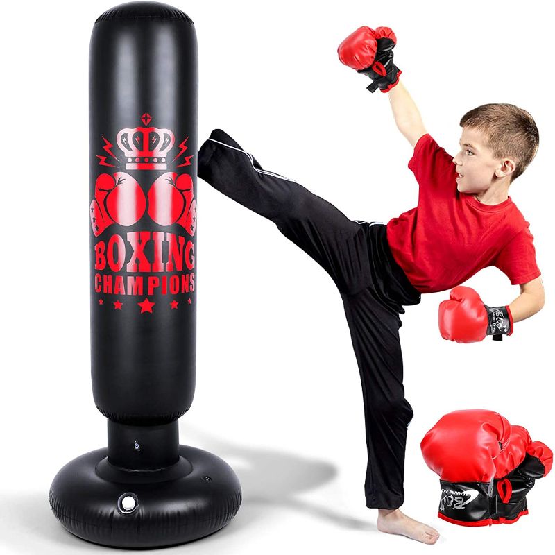 Photo 1 of Inflatable Punching Bag for Kids and Adults, 63 inch Punching Boxing Bag with Gloves Punching Bag Freestanding Bounce Back Boxing Bag Fitness Punching Bag for Karate Taekwondo Kick
