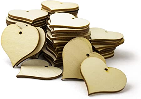 Photo 1 of Bastex Wood Heart Shape 2 inch Slices 100 Pieces. Blank Wooden Tags with Holes. Great for DIY Wedding Décor, Wood Burning, Making Ornaments. 47mm Heart Shaped Craft Wood Name Tags.
