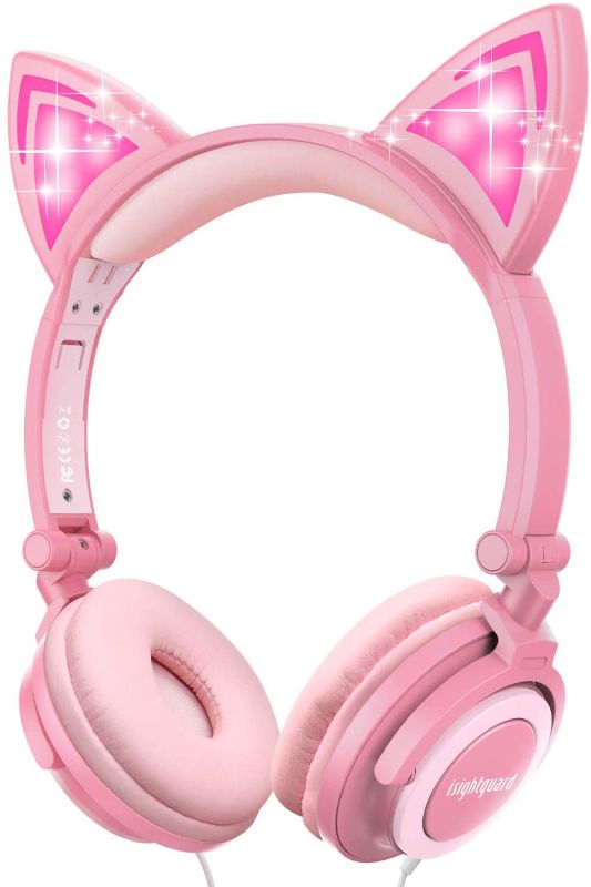 Photo 1 of Isightguard Kids Headphones, Wired Headphones On Ear, Cat Ear Headphones with LED for Girls, 3.5mm Audio Jack for Cell Phone (Peach)
