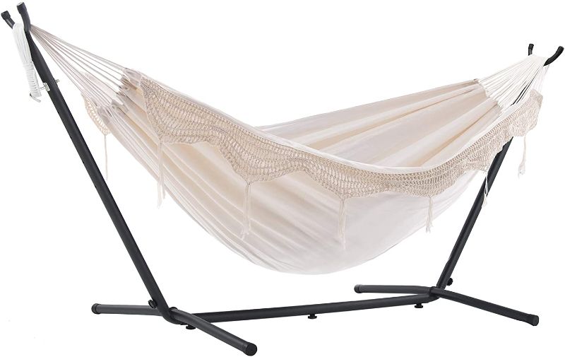 Photo 1 of Vivere Double Hammock with Space Saving Steel Stand, Natural (450 lb Capacity - Premium Carry Bag Included)
