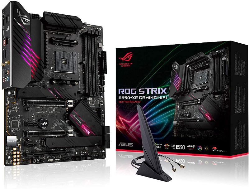 Photo 1 of ASUS ROG Strix B550-XE Gaming WiFi AMD AM4 (Zen 3/3rd Gen Ryzen) ATX gaming motherboard (PCIe 4.0, WiFi 6, 2.5Gb LAN, 16(90A) power stages, bundled ASUS Hyper M.2 x16 Gen 4 Card, Addressable Gen 2 RGB