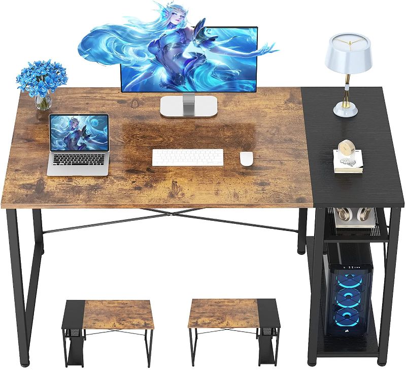 Photo 1 of Ecoprsio Computer Desk, 39 Inch Small Desk for Small Space, Modern Study Writing Desk with Storage Shelves, Reversible Laptop Table for Home Office, Gaming Room, Bedroom, Workstation, Rustic and Black