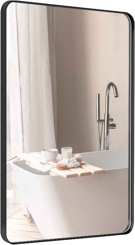 Photo 1 of Black Bathroom Mirror for Wall, 22" x 30" Black Metal Framed Rounded Rectangle Mirror, Matte Black Vanity Mirror Farmhouse, Anti-Rust, HD Float Glass, Hangs Horizontal or Vertical