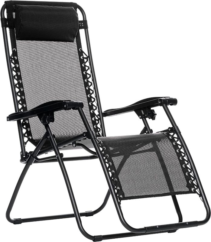 Photo 1 of Amazon Basics Outdoor Textilene Adjustable Zero Gravity Folding Reclining Lounge Chair with Pillow, Black (2 Chairs)