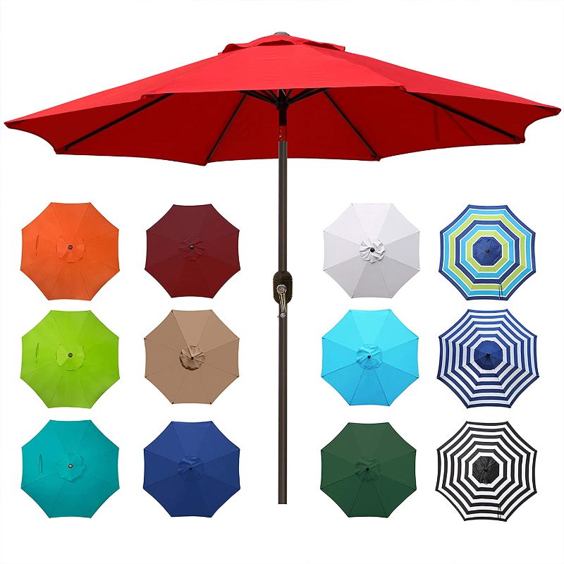 Photo 1 of Blissun 9ft Patio Umbrella, Manual Push Button Tilt and Crank Garden Parasol (Red)
