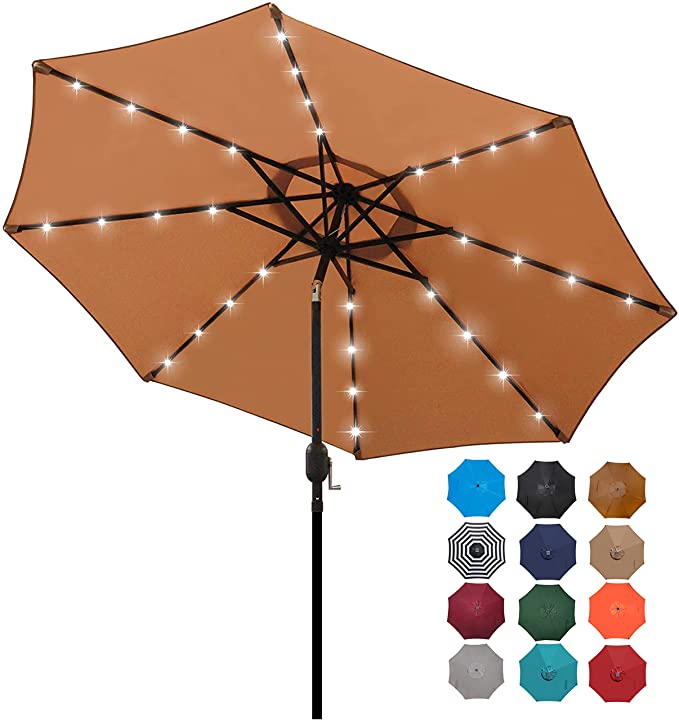 Photo 1 of Blissun 9 ft Solar Umbrella, 32 LED Lighted Patio Umbrella, Table Market Umbrella, Outdoor Umbrella for Garden, Deck, Backyard, Pool and Beach (Tan)
