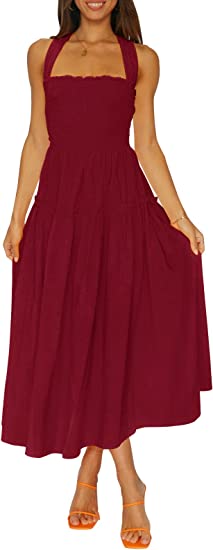 Photo 1 of ZESICA Women's Summer Boho Sleeveless Halter Neck Strappy Backless Smocked Flowy Tiered Midi Dress
