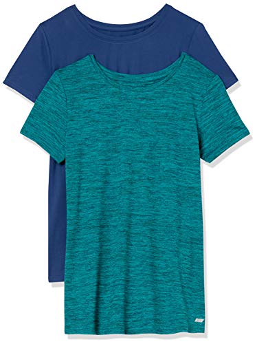 Photo 1 of Amazon Essentials Women's Tech Stretch Short-Sleeve Crewneck T-Shirt, Pack of 2, Teal Blue/Navy, Space Dye, Medium
