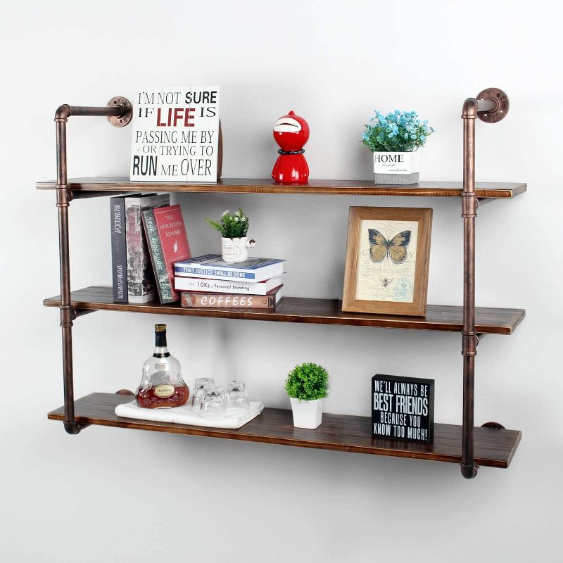 Photo 1 of Weven 48" Industrial Pipe Bookshelf Wall Mounted,3 Tier Rustic Floating Shelves, Retro Red