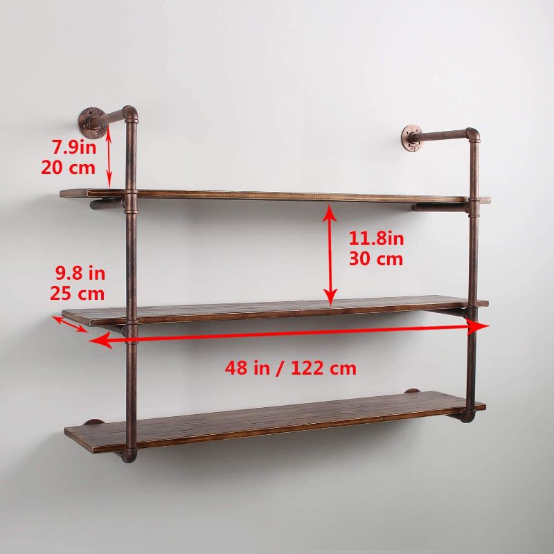 Photo 2 of Weven 48" Industrial Pipe Bookshelf Wall Mounted,3 Tier Rustic Floating Shelves, Retro Red