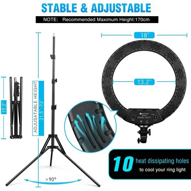 Photo 2 of Yesker Ring Light 18 Inch LED Ringlight Kit with 73 inch Tripod Stand with Phone Holder Adjustable 3200-6000k Color Temperature