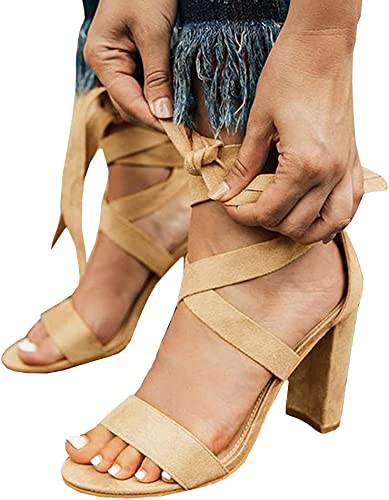 Photo 1 of [Size 7] Huiyuzhi Womens Chunky Ankle Strappy Pumps Lace Up High Heels Sandals [Beige]