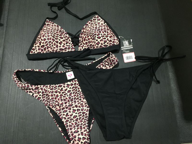 Photo 2 of [Size L] 3 Piece Halter Bikini Swimwear Cheeky Tie Side Swim Bottom- Black and Leopard