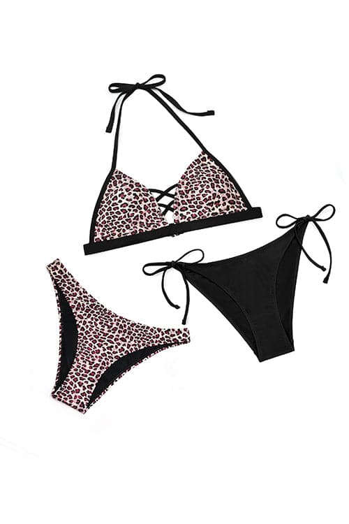 Photo 1 of [Size L] 3 Piece Halter Bikini Swimwear Cheeky Tie Side Swim Bottom- Black and Leopard