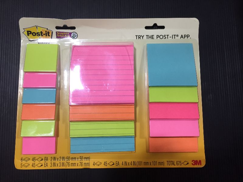Photo 1 of Post-it Super Sticky Notes, Assorted Sizes, Supernova Neons, Lined, 15 Pads