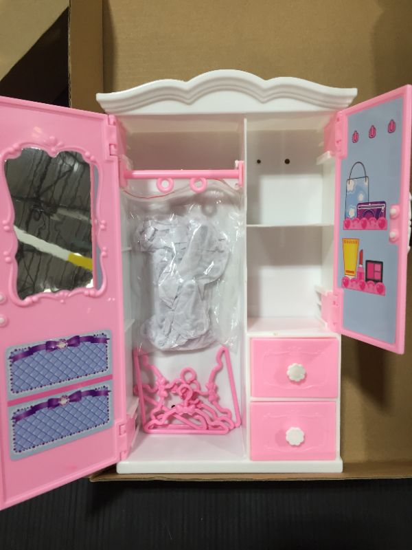 Photo 3 of 9 Inch Doll Closet Furniture Gift Pink and White Armoire Closet with Bow Knot