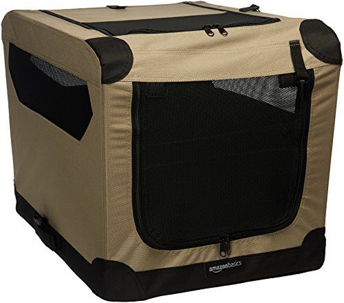 Photo 1 of Amazon Basics Portable Folding Soft Dog Travel Crate Kennel, Small (18 X 18 X 26 Inches), Tan