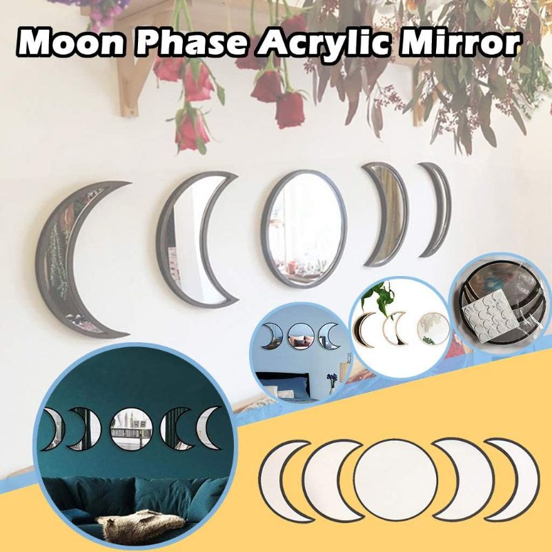 Photo 2 of 5 Pieces Scandinavian Natural Decor Acrylic Wall Decorative Mirror Interior Design Wooden Moon Phase 