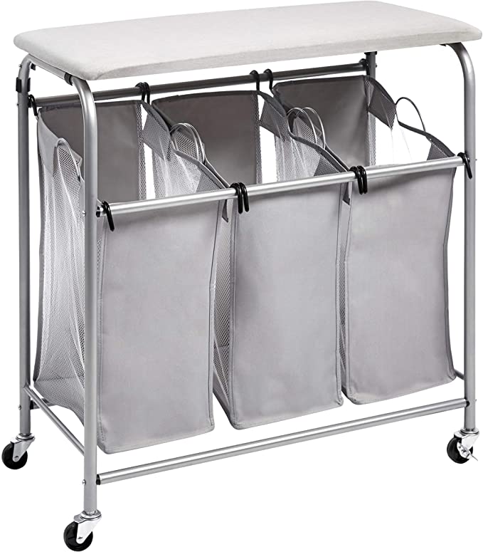 Photo 1 of Amazon Basics 3-Bag Laundry Sorter with Ironing Board Top, Grey