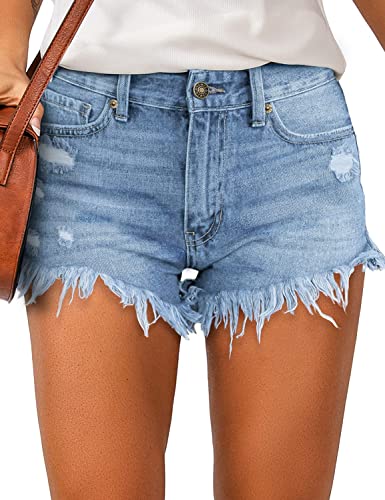 Photo 1 of luvamia Women's Casual Denim Shorts Frayed Raw Hem Ripped Jeans Shorts