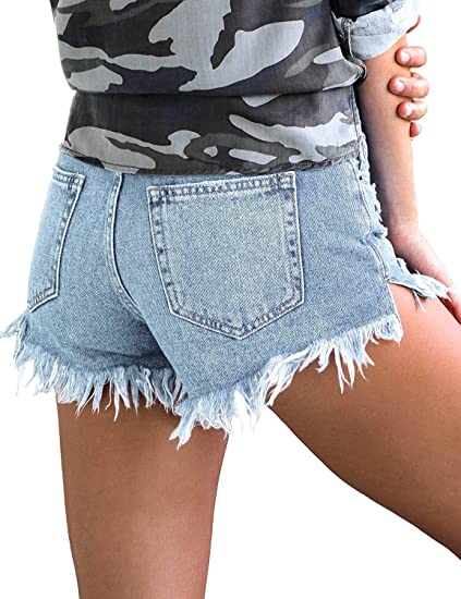 Photo 2 of luvamia Women's Casual Denim Shorts Frayed Raw Hem Ripped Jeans Shorts