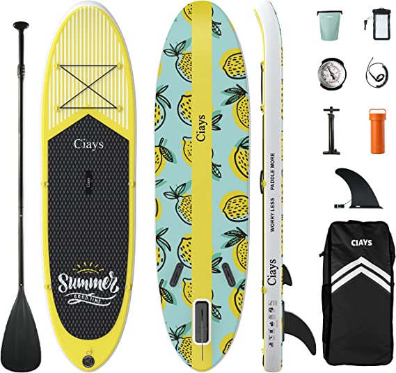 Photo 1 of Ciays Inflatable Stand Up Paddle Board W SUP Accessories of Backpack, 2 Fins, 2 Bags, Leash, Floating Paddles and more
