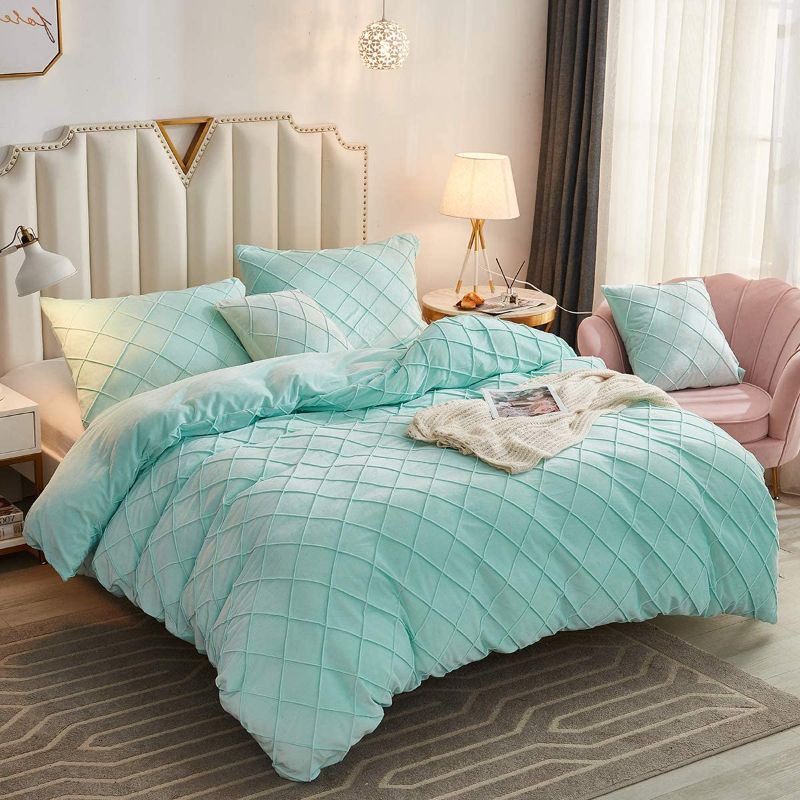 Photo 1 of [Queen] JAUXIO Diamond Pinch Pleated Crystal Velvet Bedding Set- Aqua