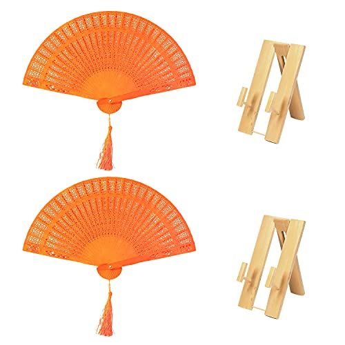 Photo 1 of Activewhey Vintage Oriental Folding Hand Fans Set of 2 with Bamboo Wall Stand (Orange)