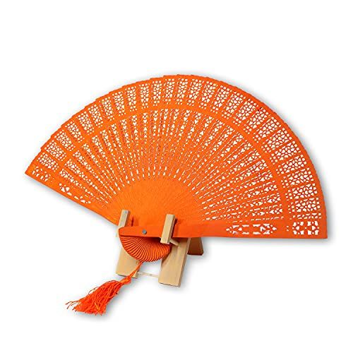 Photo 2 of Activewhey Vintage Oriental Folding Hand Fans Set of 2 with Bamboo Wall Stand (Orange)