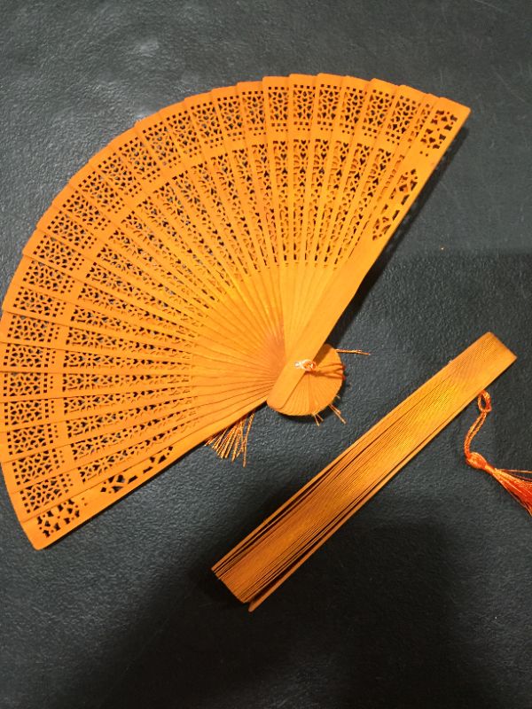 Photo 4 of Activewhey Vintage Oriental Folding Hand Fans Set of 2 with Bamboo Wall Stand (Orange)