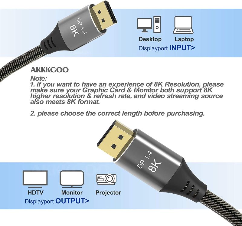 Photo 2 of AKKKGOO 8K DisplayPort Cable 3.3ft Ultra HD DisplayPort 1.4 Male to Male Nylon Braided Cable