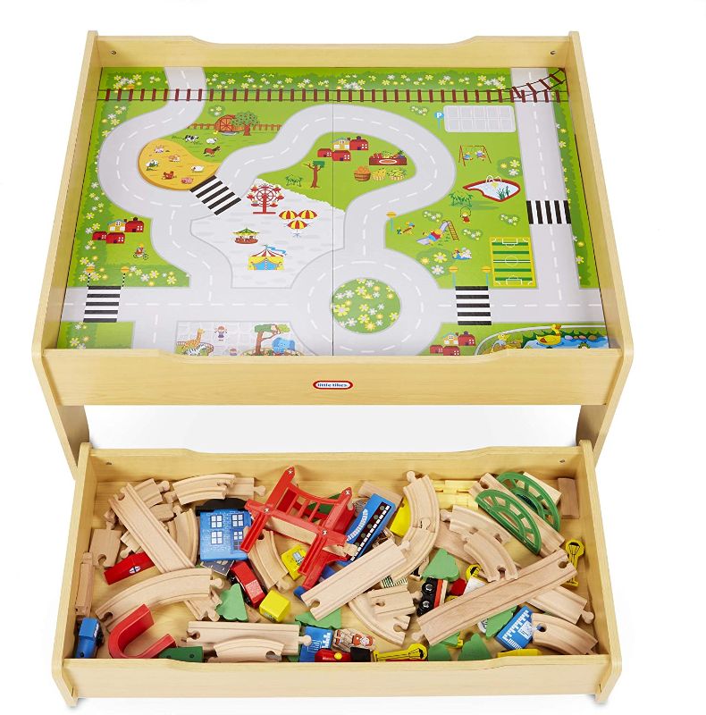 Photo 1 of Little Tikes Real Wooden Train and Kids Table Set with Over 80 Multicolor Pieces Activity Table with Storage, Tracks, Trains, Cars, and More - Train Set Table Playset for Boys and Girls 3+ Years
