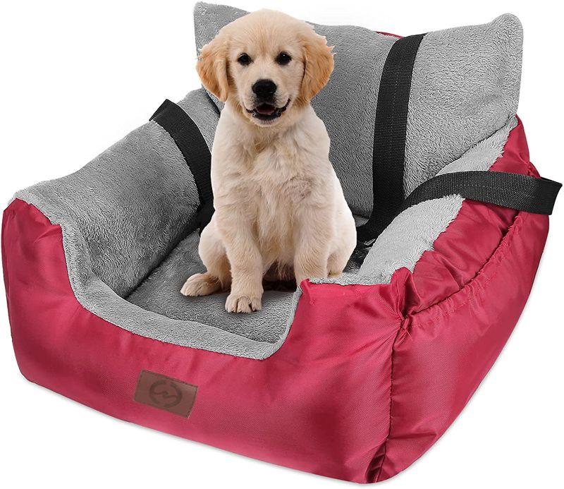 Photo 1 of  Dog Car Seat for Small Medium Large Dogs, Pet Booster Seat Travel Dog Car Bed with Storage Pocket and Clip-On Safety Leash, Washable Warm Plush Dog..BURGANDY/GREY. ** STOCK PHOTO IS A LIGHTER COLOR THAN IN PACKAGE / FOR REFERENCE ONLY  SEE ACTUAL PICS***