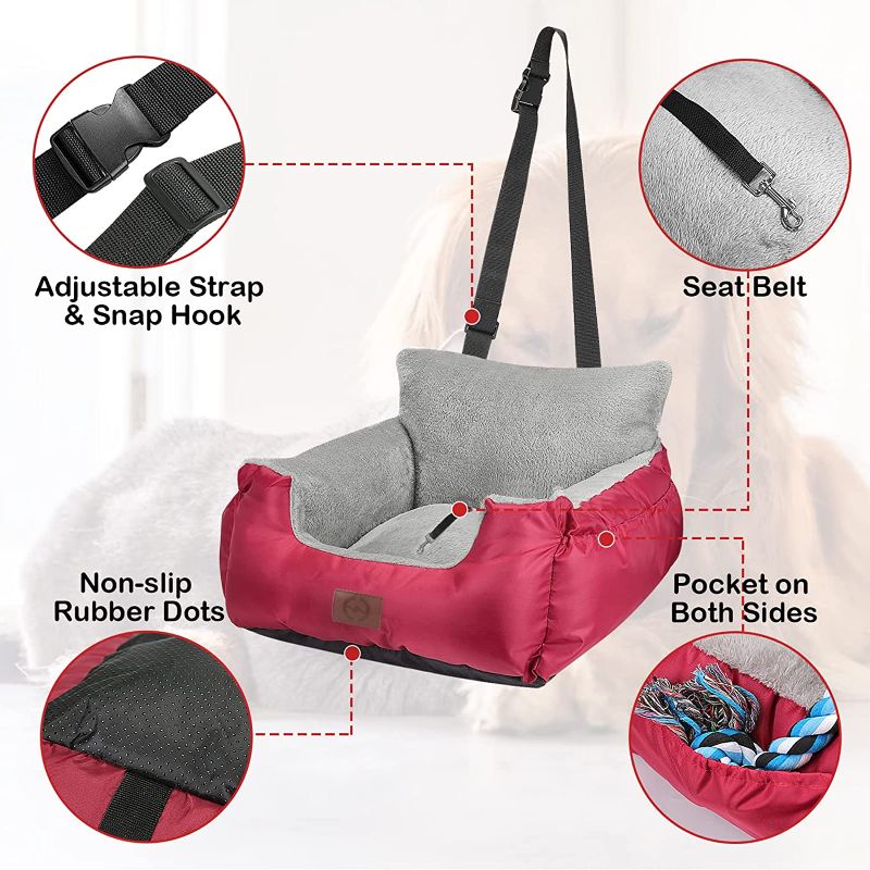 Photo 2 of  Dog Car Seat for Small Medium Large Dogs, Pet Booster Seat Travel Dog Car Bed with Storage Pocket and Clip-On Safety Leash, Washable Warm Plush Dog..BURGANDY/GREY. ** STOCK PHOTO IS A LIGHTER COLOR THAN IN PACKAGE / FOR REFERENCE ONLY  SEE ACTUAL PICS***