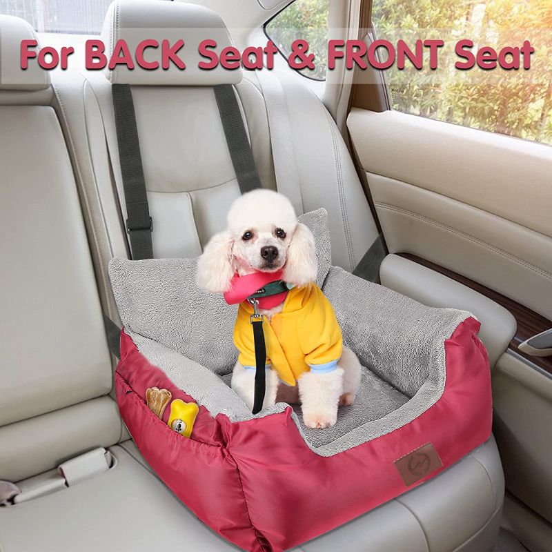 Photo 3 of  Dog Car Seat for Small Medium Large Dogs, Pet Booster Seat Travel Dog Car Bed with Storage Pocket and Clip-On Safety Leash, Washable Warm Plush Dog..BURGANDY/GREY. ** STOCK PHOTO IS A LIGHTER COLOR THAN IN PACKAGE / FOR REFERENCE ONLY  SEE ACTUAL PICS***