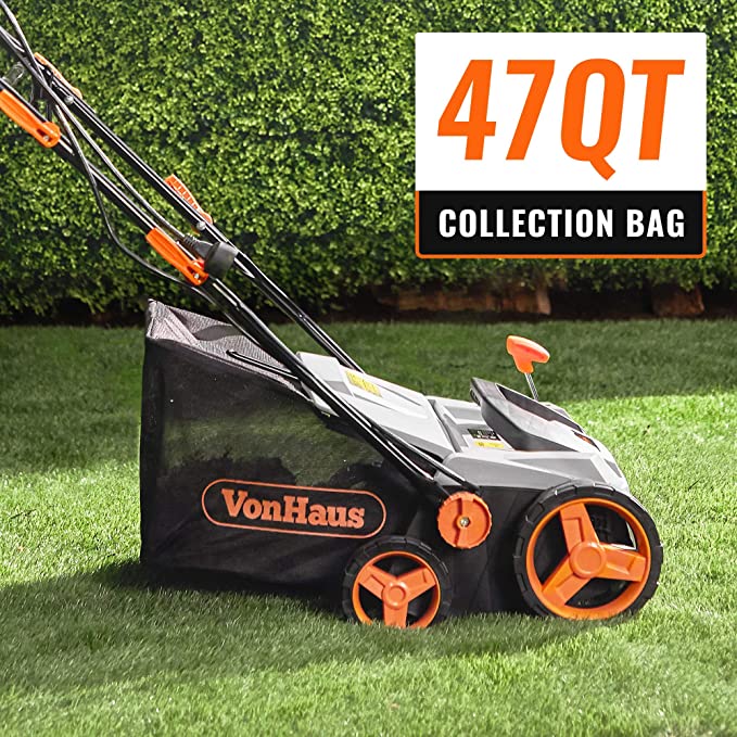 Photo 6 of VonHaus 2 in 1 Electric Lawn Dethatcher Scarifier & Aerator 12.5 Amp Corded Motor – 15” Working Width, 5 Adjustable Working Depths, 45QT Collection Bag, Folding Handle – for Lawn Health & Maintenance
