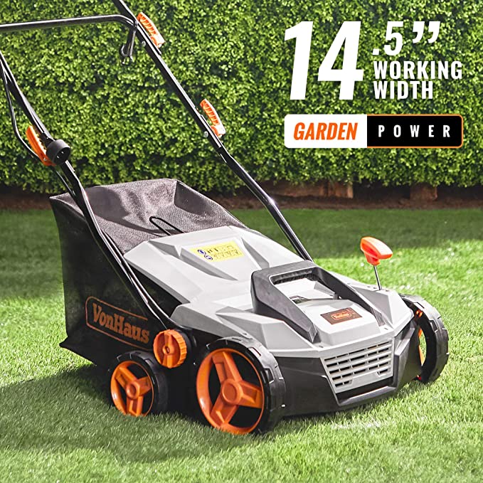 Photo 5 of VonHaus 2 in 1 Electric Lawn Dethatcher Scarifier & Aerator 12.5 Amp Corded Motor – 15” Working Width, 5 Adjustable Working Depths, 45QT Collection Bag, Folding Handle – for Lawn Health & Maintenance
