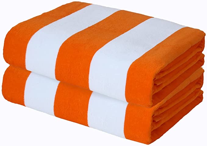 Photo 2 of 2 PACK - 100% Cotton Large Cabana Stripe Beach Towels, Super Absorbent Soft Plush Pool Towel, Bath Towel (GREEN/WHITE & ORANGE/WHITE)  *** SLIGHTLY DIRTY ON GREEN TOWEL DUE TO SHIPPING - JUST NEED TO BE WASHED BEFORE USE - NEW TOWELS ***