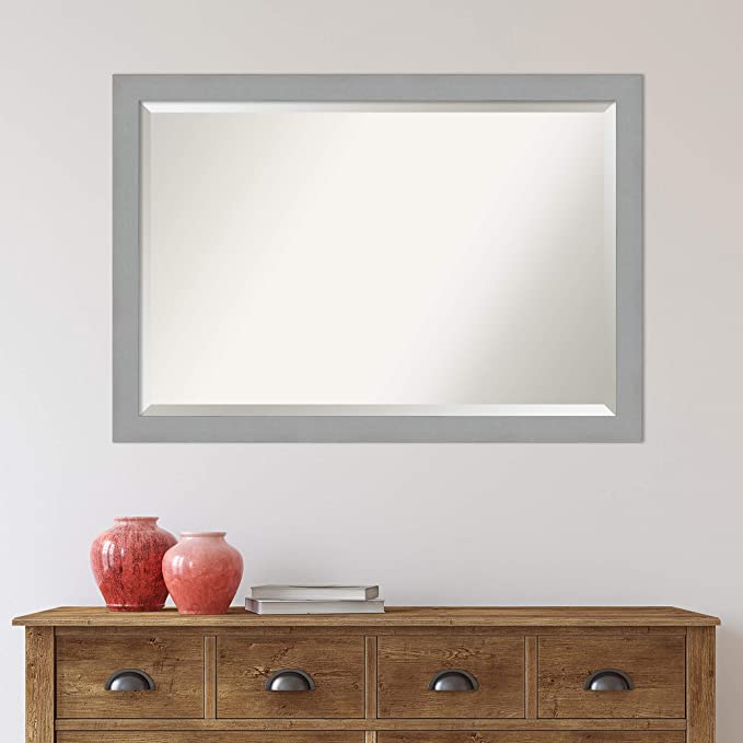 Photo 2 of  Beveled Bathroom Wall Mirror (27.38 x 39.38 in.), Brushed Nickel Frame - Bathroom Mirror, Vanity Mirror - Silver, Large   39 " x 27" beveled mirror in brushed nickel frame  *** some slight discoloration on frame (shown in pics) ***