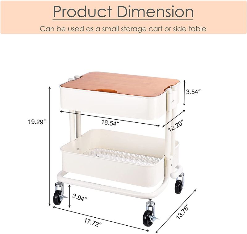 Photo 2 of 2-Tier Metal Utility Rolling Cart, Storage Side End Table with Cover Board for Office Home Kitchen Organization, Cream White  **** POSSIBLY MISSING ONE NUT/BOLT **** NEEDS ASSEMBLY***