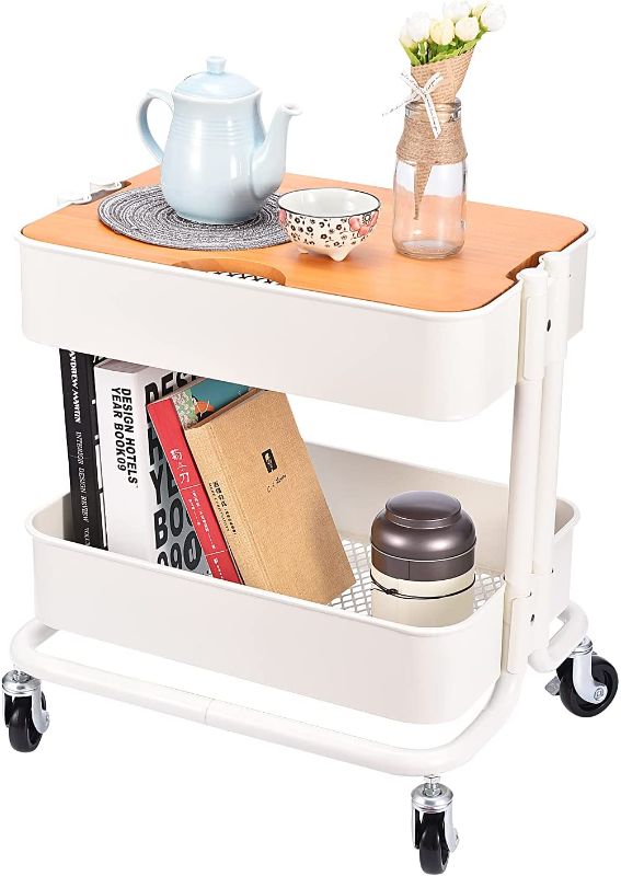 Photo 1 of 2-Tier Metal Utility Rolling Cart, Storage Side End Table with Cover Board for Office Home Kitchen Organization, Cream White  **** POSSIBLY MISSING ONE NUT/BOLT **** NEEDS ASSEMBLY***
