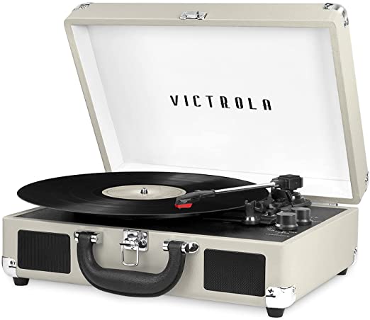 Photo 1 of Victrola Vintage 3-Speed Bluetooth Portable Suitcase Record Player with Built-in Speakers | Upgraded Turntable Audio Sound| Includes Extra Stylus | Light Grey
